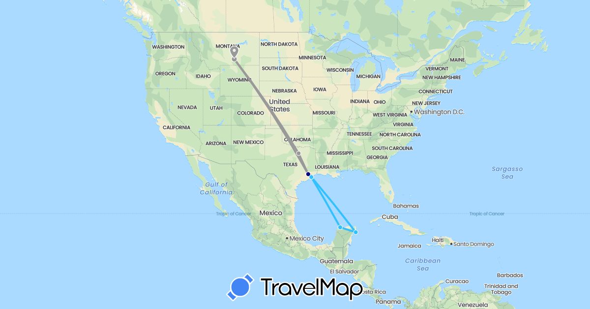 TravelMap itinerary: driving, plane, boat in Mexico, United States (North America)